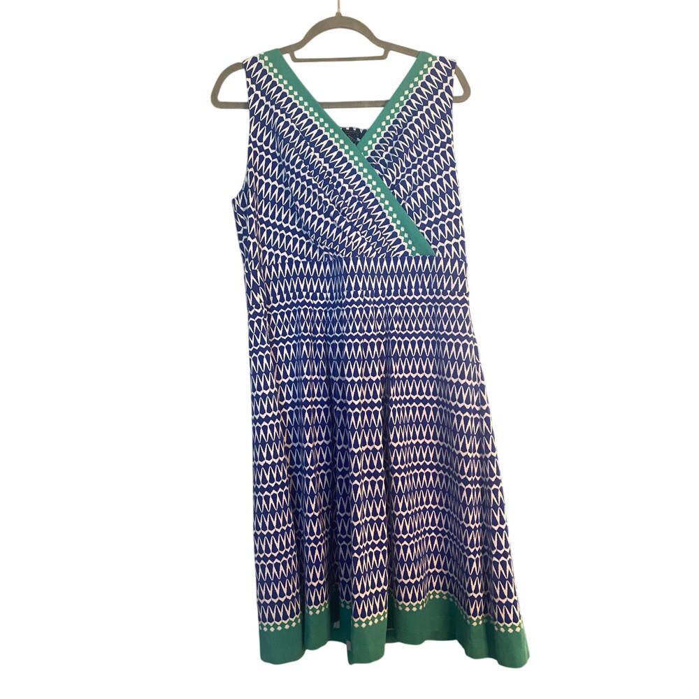 Lands' End Women’s L 14-16 Aqua Blue Geometric Surplice Fit Flare Dress Stretch - Picture 2 of 6